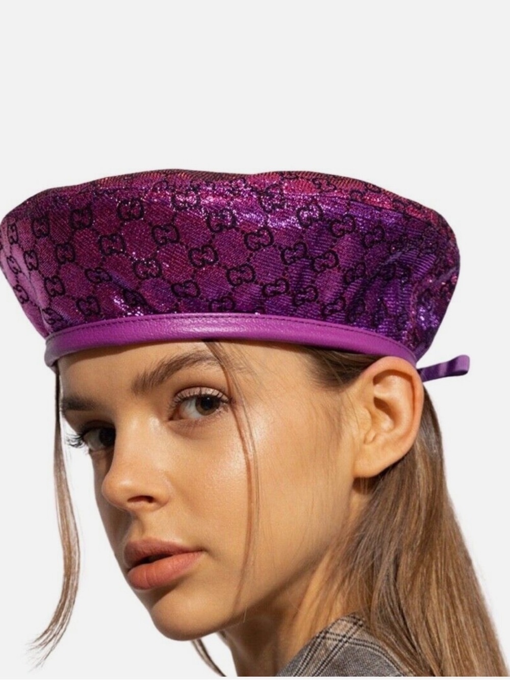 Gucci Pink GG Monogram Sequin Beret Hat M 57cm Rare Metallic Logo Cap Luxury